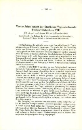 Vierter Jahresbericht der Staatlichen Vogelschutzwarte Stuttgart-Hohenheim 1940