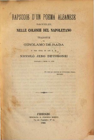 Rapsodie d'un poema albanese : raccolte nelle colonie del Napoletano