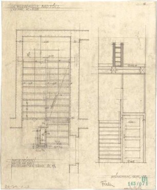 Fischer, Theodor; Bad Tölz (Bayern); Gewerbehalle - Treppe (Grundriss, Ansicht)