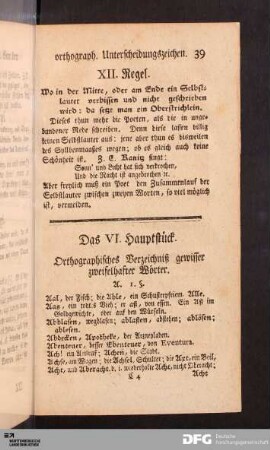 Das VI. Hauptstück. Orthographisches Verzeichnis gewisser zweifelhafter Wörter