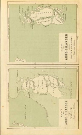 Kaart der Aroe-eilanden volgens Wallace. Kaart der Aroe-eilande volgens Melvill van Carnbee