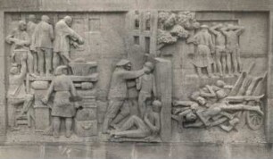 Weimar-Buchenwald. Nationale Mahn- und Gedenkstätte der DDR (1954-1958; seit 1992: Gedenkstätte Buchenwald). Treppe des Todes, Relief "Aufbau einer Industrie im KZ und Massenvernichtung" (1955, W. Grzimek)