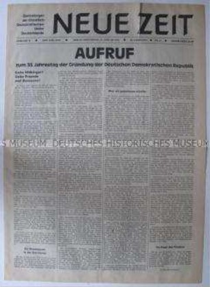 Tageszeitung der CDU (DDR) "Neue Zeit" mit dem Aufruf zum 35. Jahrestag der DDR