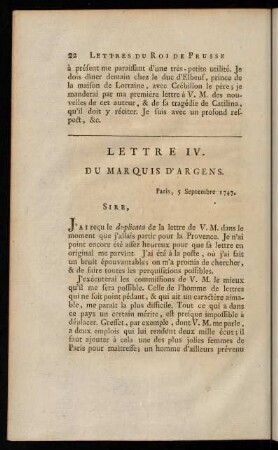 22-43, Lettre IV. de Marquis D'Argens.-Epitre III. au lit du Marquis D'Argens..