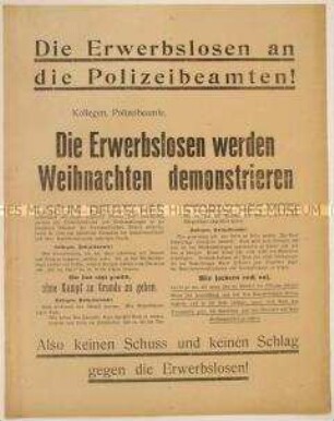 Solidaritätsaufruf an die Polizeibeamten zur Verhinderung von Gewalt während Demonstrationen und Versammlungen der Arbeitslosen gegen Hunger und Not