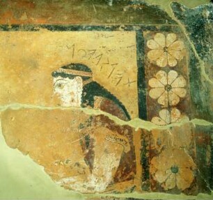 Athen. Archäologisches Nationalmuseum. Chelidon und Aedon. Bemalte Metope von der Langseiten-Sima des Tempels Thermos III, Korinth, um 625 v. Chr