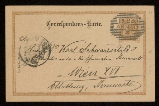 Nr. 11 Postkarte von Samuel Oppenheim an Karl Schwarzschild. Arnau, 18.2.1899