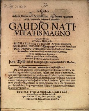 Actum oratorium scholasticum trigesimum quartum circa recurrentia salvatoris genethlia de gaudio nativitatis magno