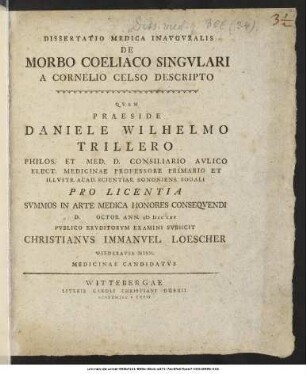 Dissertatio Medica Inavgvralis De Morbo Coeliaco Singvlari A Cornelio Celso Descripto