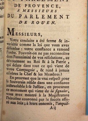 Lettre Du Parlement De Rouen, A Messieurs Du Parlement De Provence