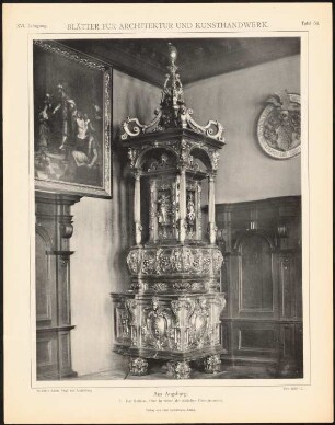 Rathaus, Augsburg: Ansicht Kamin im östlichen Fürstenzimmer (aus: Blätter für Architektur und Kunsthandwerk, 16. Jg., 1903, Tafel 53)