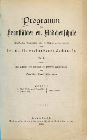 Programm der Kronstädter Evangelischen Mädchenschule. 7. 1890/91 (1891)