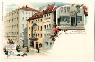Die Hohe Lilie Ecke Neumarkt u. Preußergässchen : Geburtshaus von Clara Schumann geb. Wieck ; im "Kaffee-Baum", Robert Schumann's Tafelrunde [Leipzig : Historische Postkarte]