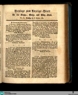 Grossherzoglich Badisches Anzeige-Blatt für den Kinzig-, Murg- und Pfinz-Kreis, Beylage zum Anzeige-Blatt, für den Kinzig-, Murg- und Pfinz-Kreis