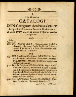I. Continuatio Catalogi Dnn. Collegarum Academiae Caesareae Leopoldino-Carolinae Naturae Curiosorum