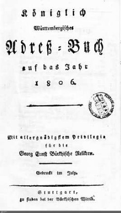1806: Württembergisches Adressbuch, 1806