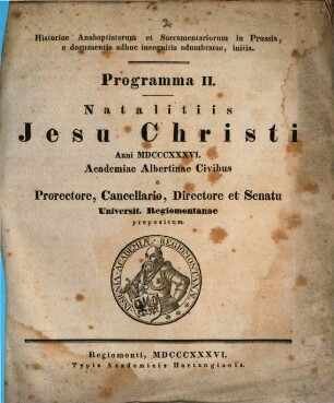 Historiae anabaptistarum et sacramentariorum in Prussia : e documentis adhuc incognitis adumbratae initia. 2