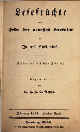 Lesefrüchte vom Felde der neuesten Literatur des In- und Auslandes. 1854,2
