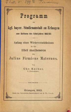 Anfang eines Wörterverzeichnisses zu den libri matheseos des Julius Firmicus Maternus