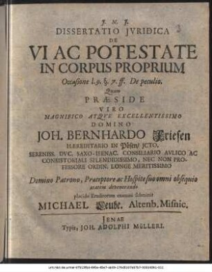 Dissertatio Iuridica De Vi Ac Potestate In Corpus Proprium : Occasione l. 9. §. 7. ff. De peculio