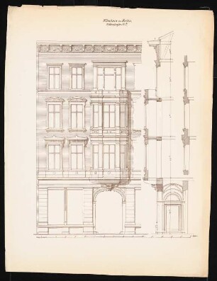 Wohnhäuser Ritterstraße 61-65, Berlin-Kreuzberg: Wohnhaus Knoblauch Nr. 64: Ansicht und 2 Fassadenschnitte vertikal