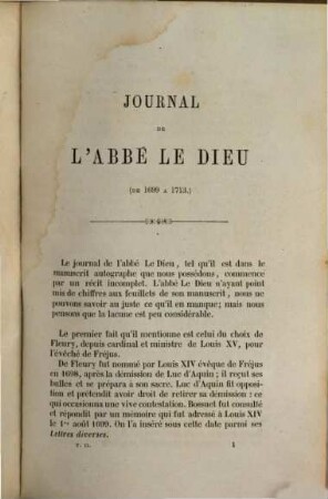 Mémoires et journal sur la vie et les ouvrages de Bossuet, 2. Journal ; 1