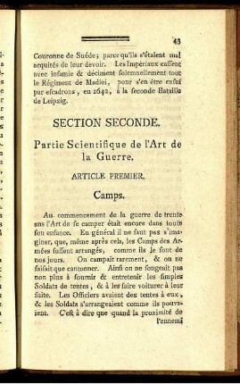 Section Seconde. Partie Scientifique de l'Art de la Guerre.