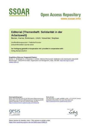 Editorial (Themenheft: Solidarität in der Arbeitswelt)