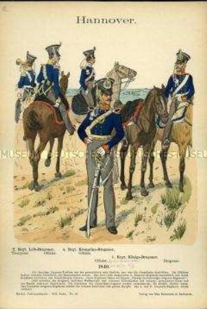 Uniformdarstellung, Trompeter, Offiziere und Gemeiner verschiedener Dragoner-Regimenter, Königreich Hannover, 1840.