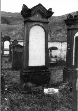 Grabstein 63 (Index: 99798592) Material: Sandstein, Schriftplatte Marmor Zustand: gut, Platte gesprungen Maße HxBxT: 210x55x26 cm Beschreibung: St. m. giebelart. Abschl/Akroteren, Schriftplatte m. Rundbogenabschl/Sockel: Grabstein 63