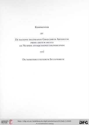 Kommentar zu De Ratione Delineandi Graecorum Artificum Primi Artum Seculi Ex Nummis Antiquissimis Dignoscenda und De Nominibus Veterum Sculptorum