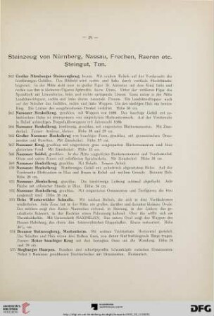 Steinzeug von Nürnberg, Nassau, Frechen, Raeren etc. Steingut, Ton (Nr. 562-597)