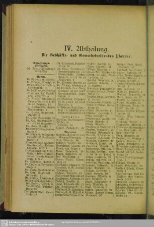IV. Abtheilung. Berufsklassen und Gewerbebetriebe : IV. Abtheilung. Die Geschäfts- und Gewerbetreibenden Plauens