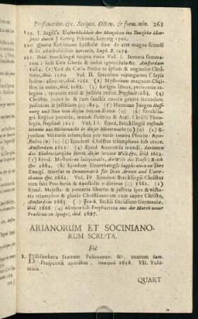 263-272, Arianorum Et Socinianorum Scripta. - Indifferentitatarum, Syncretistarum, & Unionistarum Scripta.