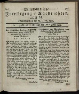 XX. Stück. Sonnabends: den 17. May, 1783.