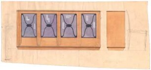 Entwurf eines Schranks : Vorder- und Seitenansicht eines viertürigen Schranks mit Glaseinsätzen