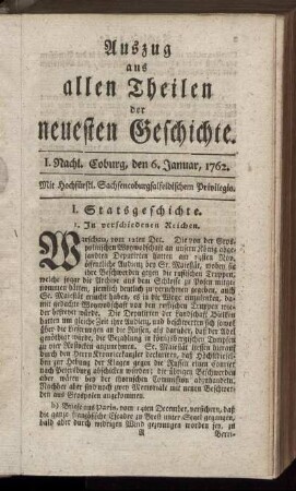 I. Nachl. Coburg, den 6. Januar, 1762.