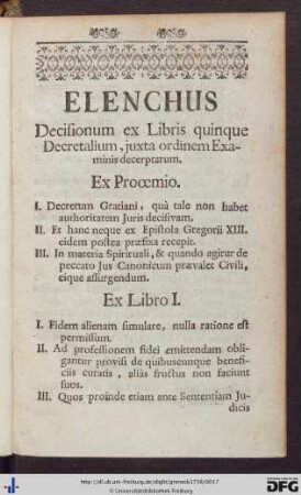 Elenchus Decisionum ex Libris quinque Decretalium, juxta ordinem Examinis decerptarum.