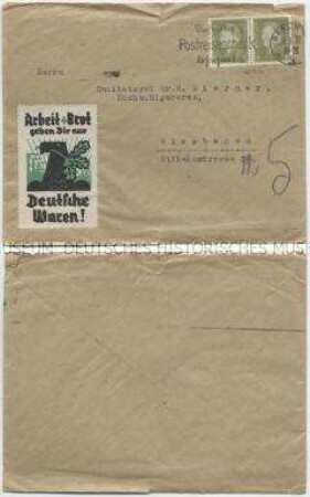 Briefumschlag mit nationalistischer Vignette "Arbeit + Brot geben Dir nur Deutsche Waren!"