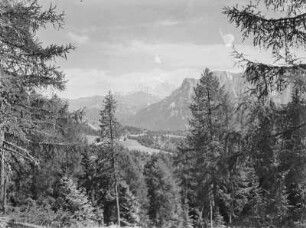 In den Bergen : Blick über ein Bergtal. Tannenbäume im Vordergrund