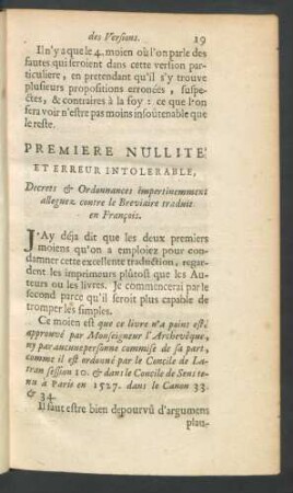 Premiere Nullité Et Erreur Intolerable, Decrets & Ordonnances impertinemment alleguez contre le Breviaire traduit en François.