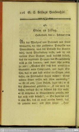 41. Gleim an Lessing. Halberstadt, den 10. Februar 1760
