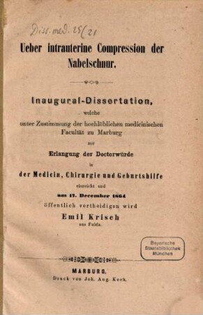 Über intrauterine Compression der Nabelschnur