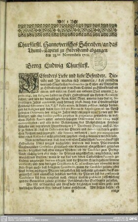 Churfürstl. Hannoverisches Schreiben, an das Thumb-Capitul zu Hildesheimb abgangen den 23.ten Novembris 1702