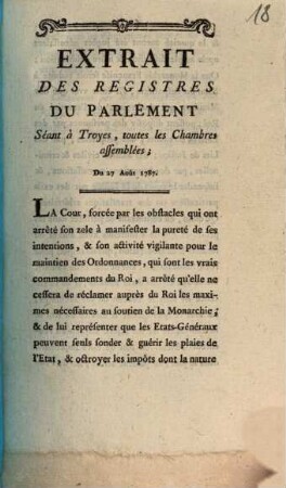 Extrait Des Registres Du Parlement Séant à Troyes, toutes les Chambres assemblées; Du 27 Août 1787