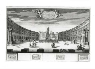 Vue de la Place des Victoires : Vue de la Place des Victoires (Seite 52). Kupferstich; 315 x 477 mm (Blattgröße) (1685). Aus: C. F. Menestrier "Histoire de Roy Luis le Grand...." (1693)