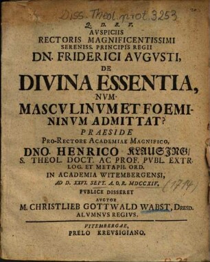 De Divina Essentia, Nvm Mascvlinvm Et Foemininvm Admittat?
