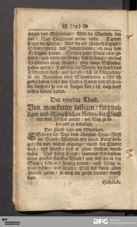 Der vierdte Theil. Von mancherley lustigen / kurzweiligen und schimpfflichen Reden / ...