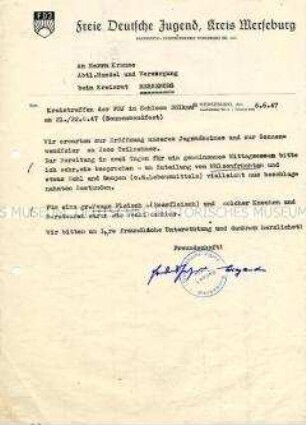 Antrag der FDJ auf Zuteilung von zusätzlichen Lebensmitteln anlässlich der Eröffnung eines neuen Jugendheimes