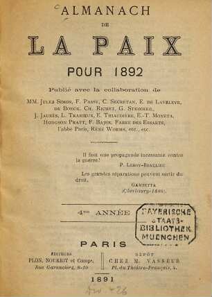 Almanach de la paix. 1892 (1891)